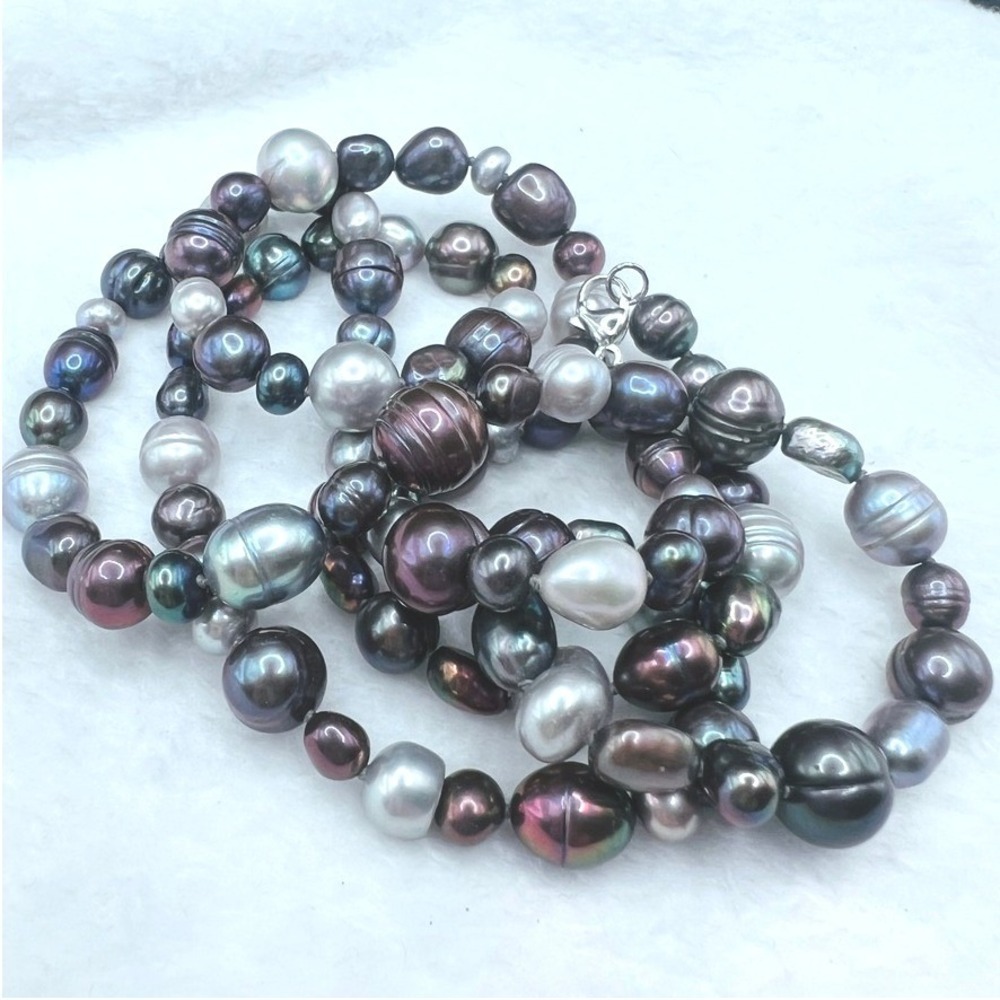 Honora 925 Fresh Water Pearl Necklace Oil Slick Peacock Iridescent Baroque 34"
